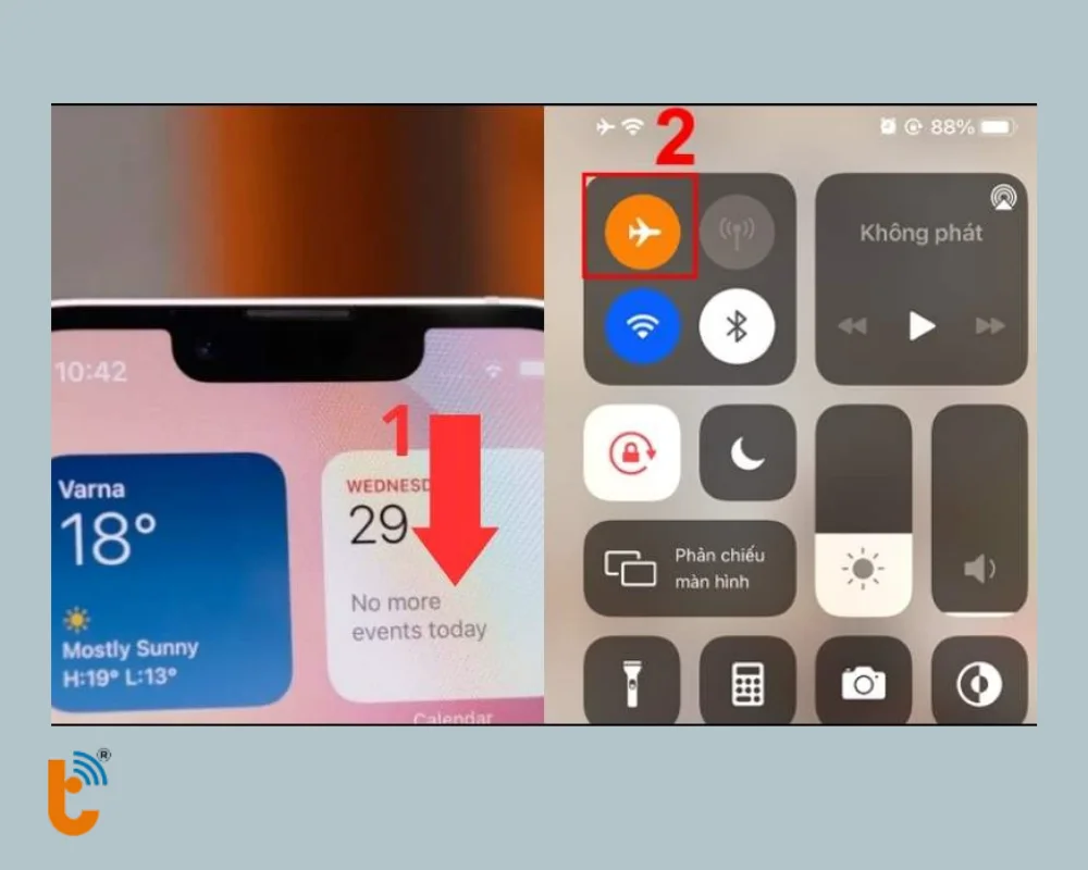 Vuốt từ góc trên bên phải để bật chế độ máy bay