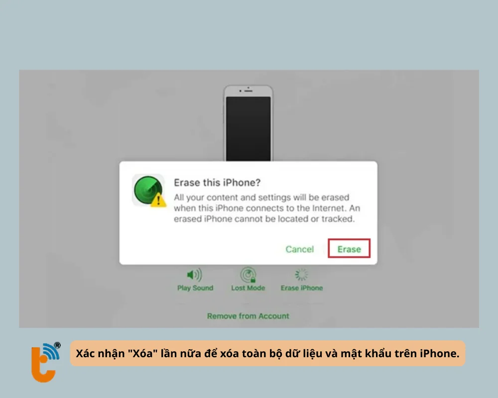 xác nhận xóa toàn bộ dữ liệu và mật khẩu trên iPhone.