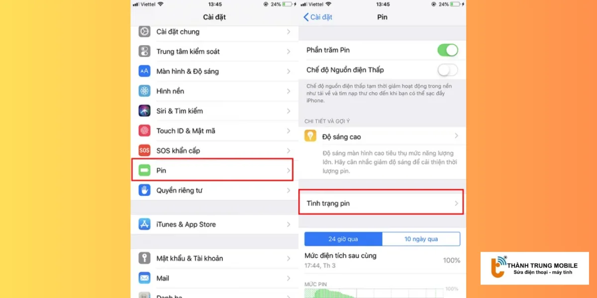 Vào Cài đặt > Pin > Tình trạng pin.