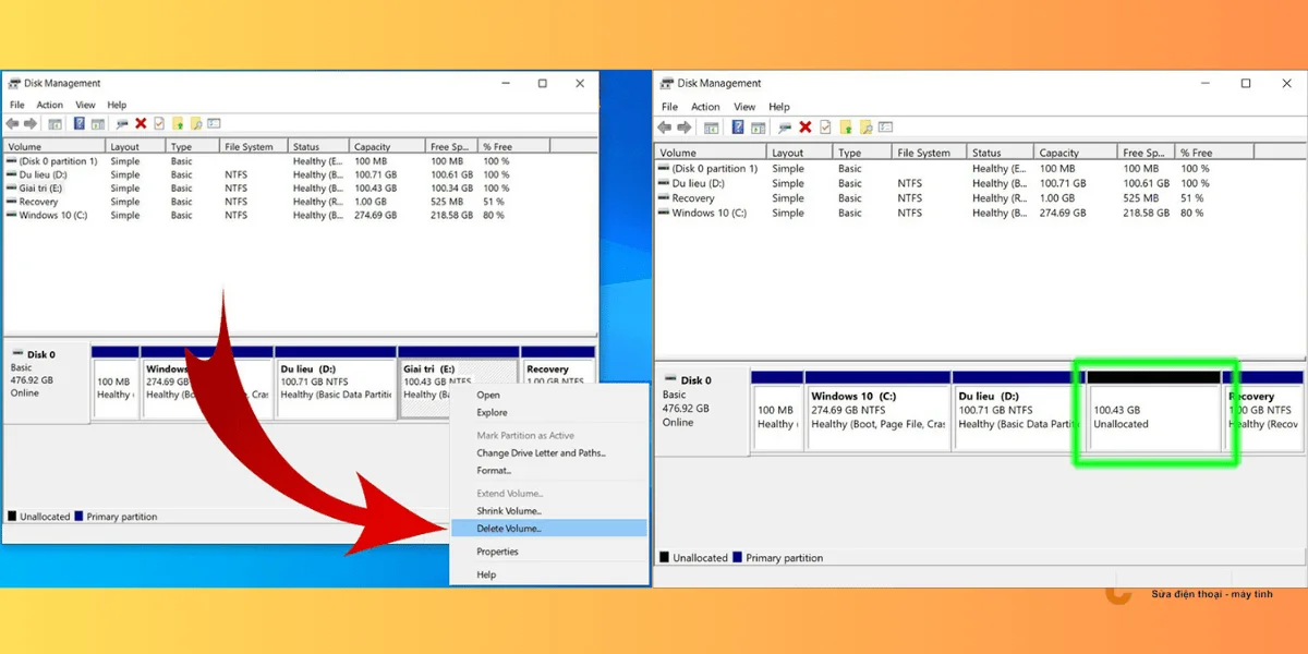 Xóa phân vùng cần gộp